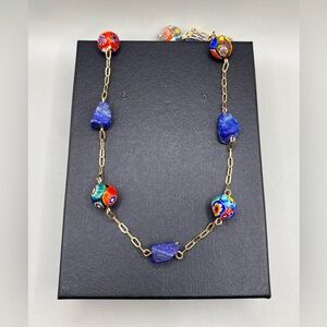 🌈💧Lapis Lazuli Vintage Italian Millefiori Glass Beaded Long Necklace